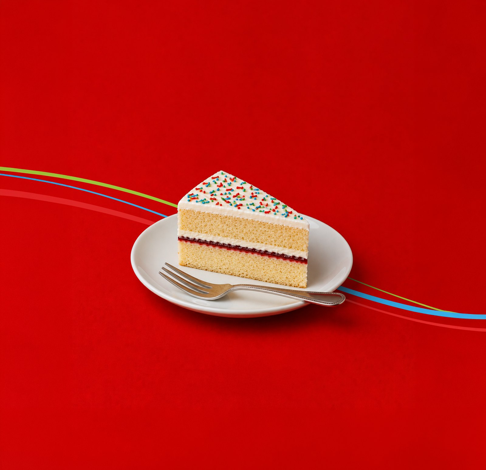 A slice of sponge cake with sprinkles on a plate